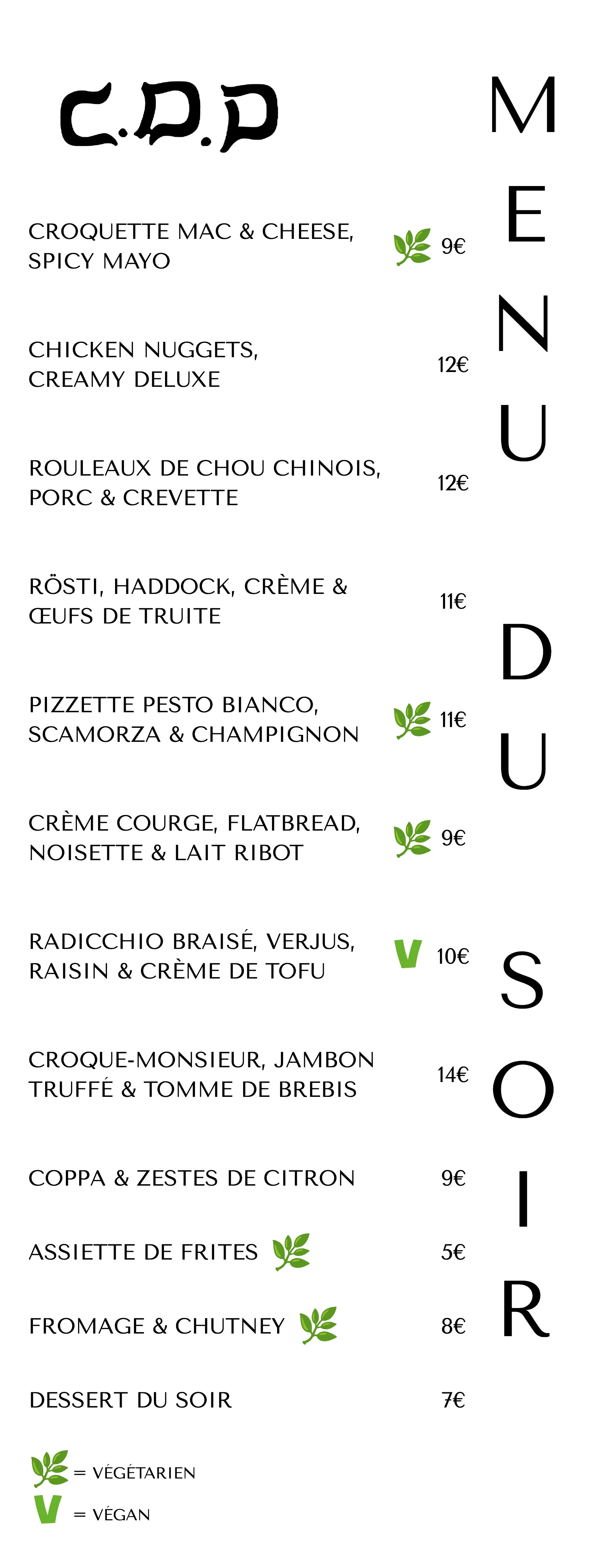 Menu du soir de l'automne 2026 au Café des Délices : 12 assiettes à partager de 5 à 14 €, dont croquette mac & cheese, rouleaux de chou chinois au porc et à la crevette, rösti au haddock, pizzette scamorza et champignon, radicchio braisé à la crème de tofu, croque-monsieur au jambon truffé et dessert du soir