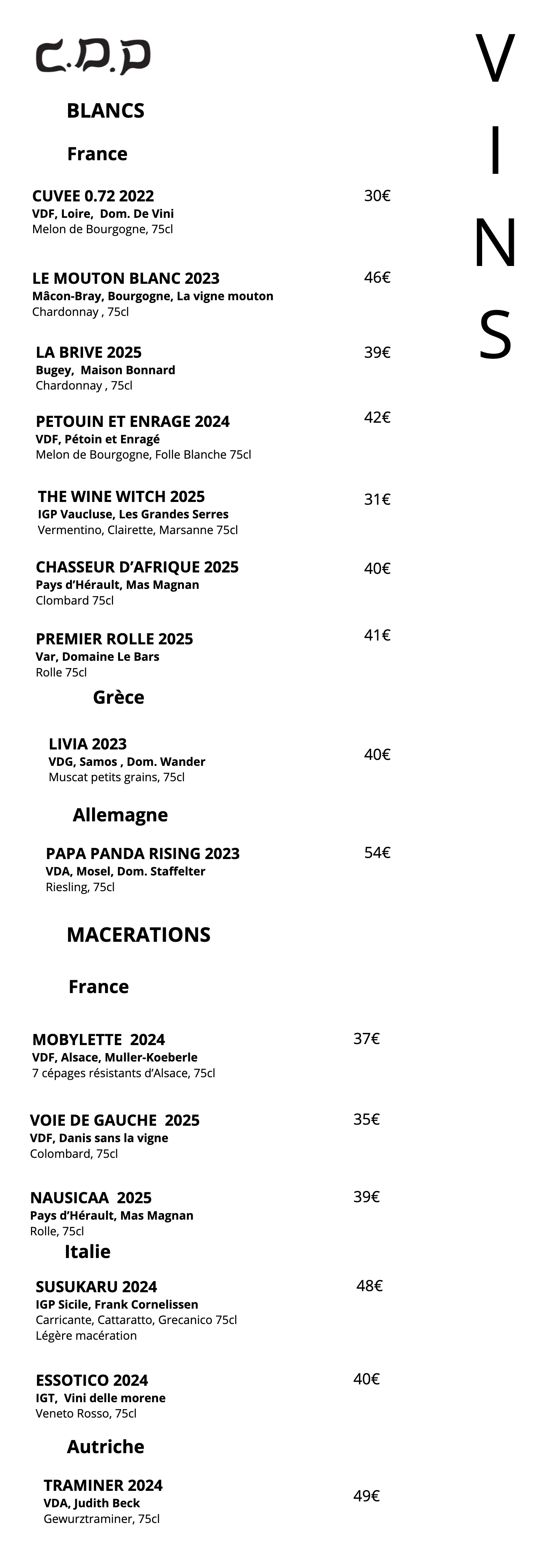 Carte des vins du Café des Délices, automne 2026 : vins blancs et macérations