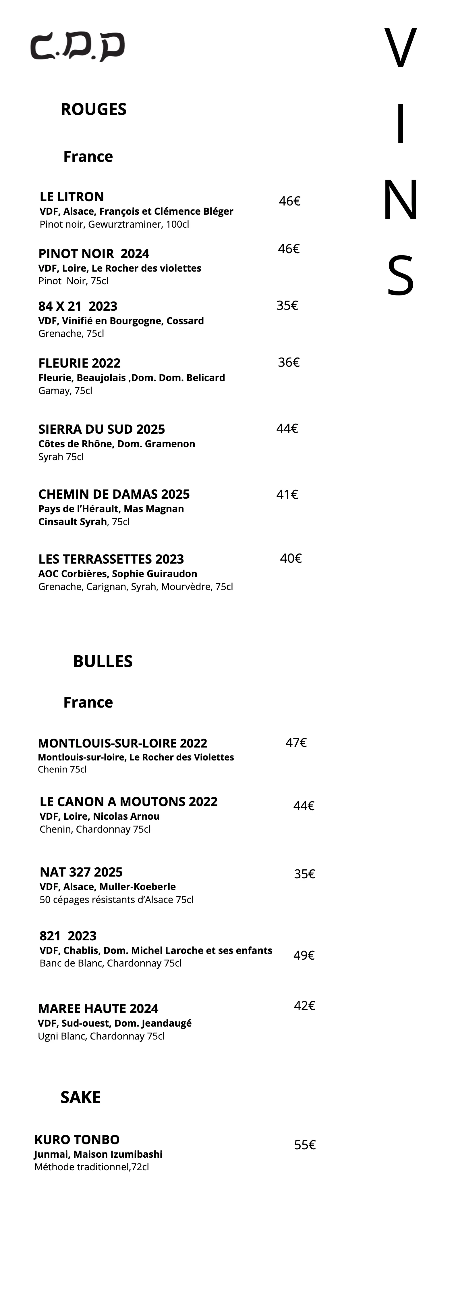 Carte des vins du Café des Délices, automne 2026 : vins rouges, bulles et saké
