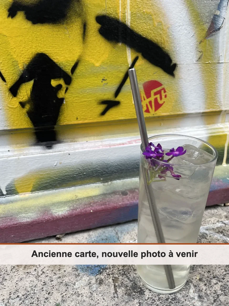 Cocktail long aux fleurs violettes et paille inox, devant un mur graffé de Belleville