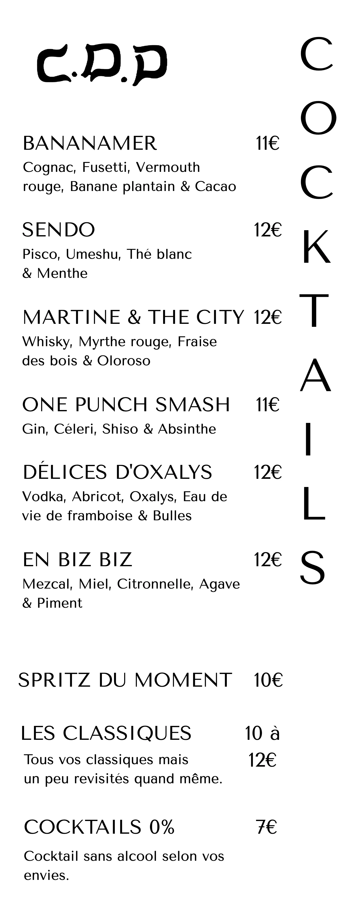 Carte des cocktails de l'automne 2026 au Café des Délices : Bananamer, Sendo, Martine & The City, One Punch Smash, Délices d'Oxalys, En Biz Biz, spritz du moment, classiques revisités et cocktails sans alcool